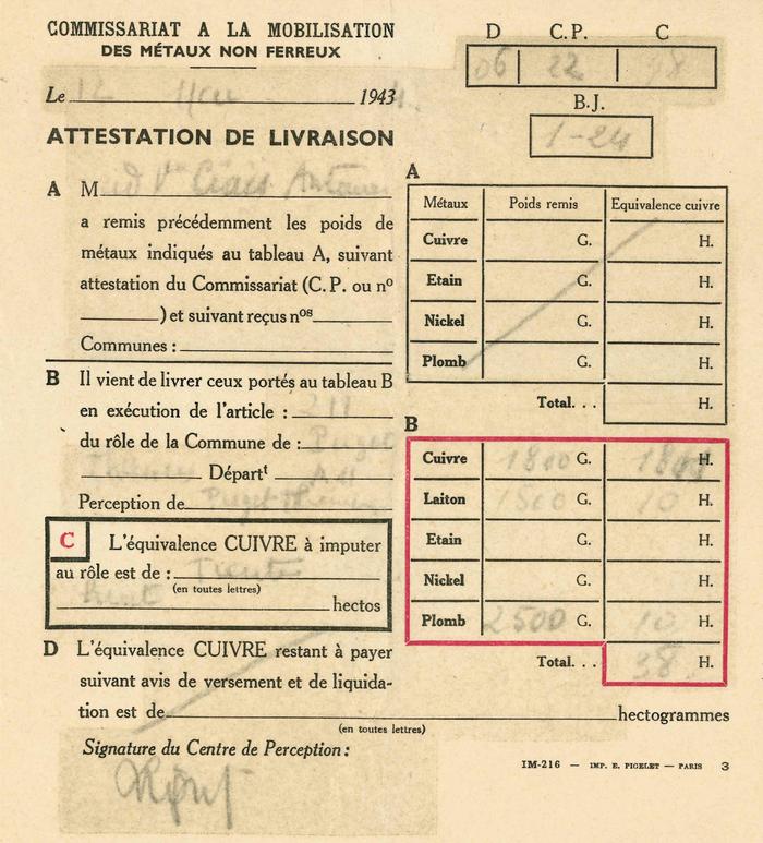 Attestation de livraison de métaux non ferreux (cuivre), 12 mai 1944.
