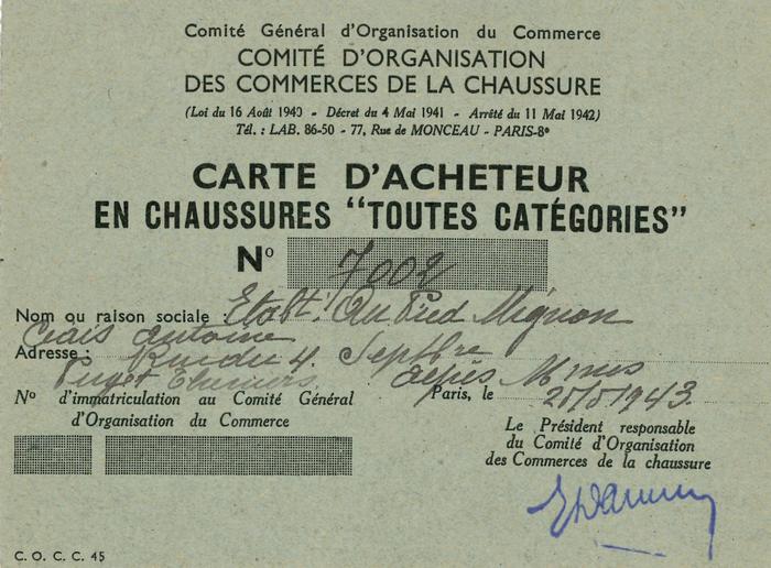 Carte d'acheteur en chaussures "toutes catérogies" adressée à Ciais Antoine, 25/05/1943.