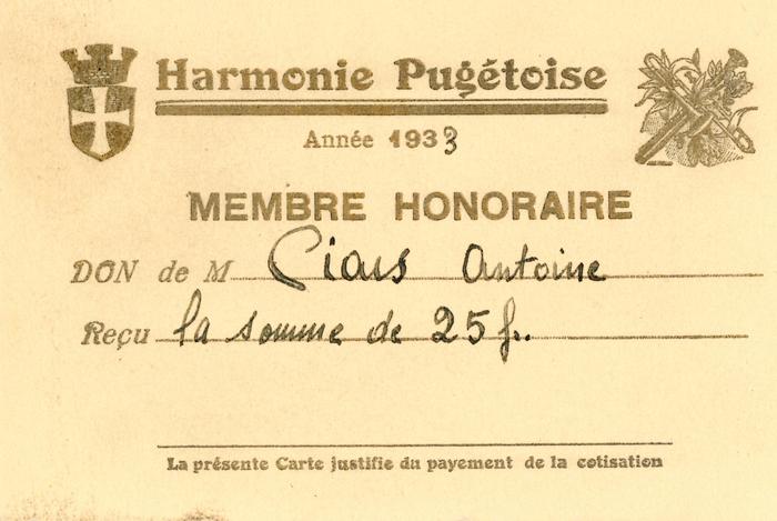 Carte de l'Harmonie Pugétoise, Année 1933. Membre Honoraire Ciais Antoine.