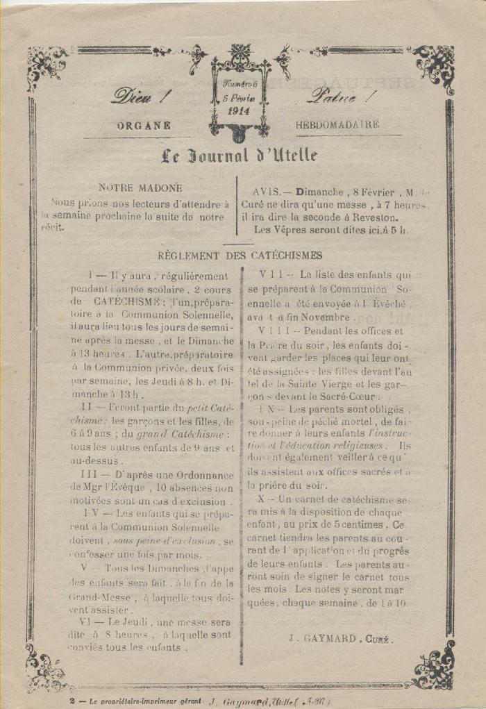 Le journal d'Utelle n°6, 5 février 1914