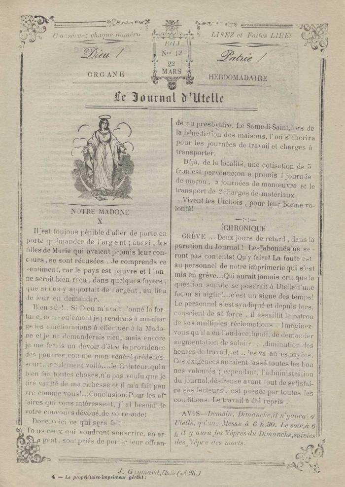 Le journal d'Utelle n°12, 22 Mars 1914.