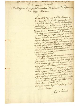 Les membres du bureau de bienfaisance et du Mont de piété de la commune de Rigaud A Monsieur le souspréfet du troisième arrondissement du département des Alpes-Maritimes.