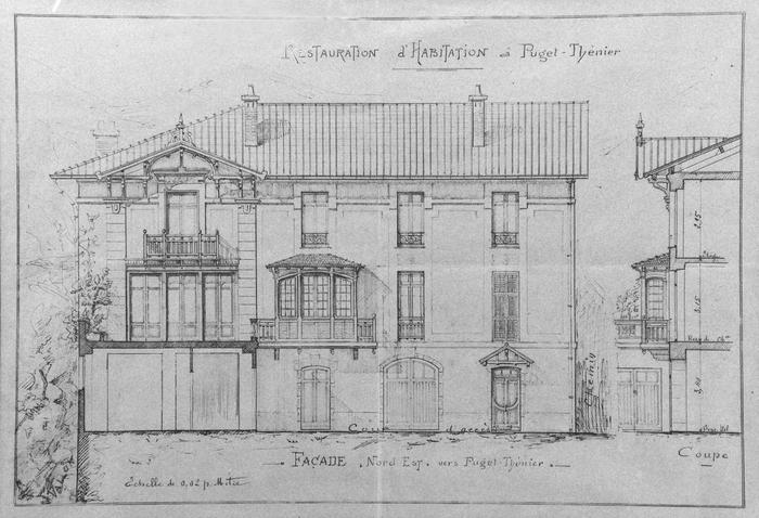 Plan de la façade de la maison de Casimir Brouchier au Sarret, 1909